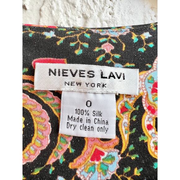 Nieves Lavi Cap Sleeve 100% Silk Paisley Print Maxi Dress Black Women's Size 0 - Picture 6 of 8